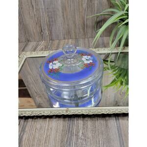 Vintage Divided Candy Dish Glass Bowl, Hand Painted Lid